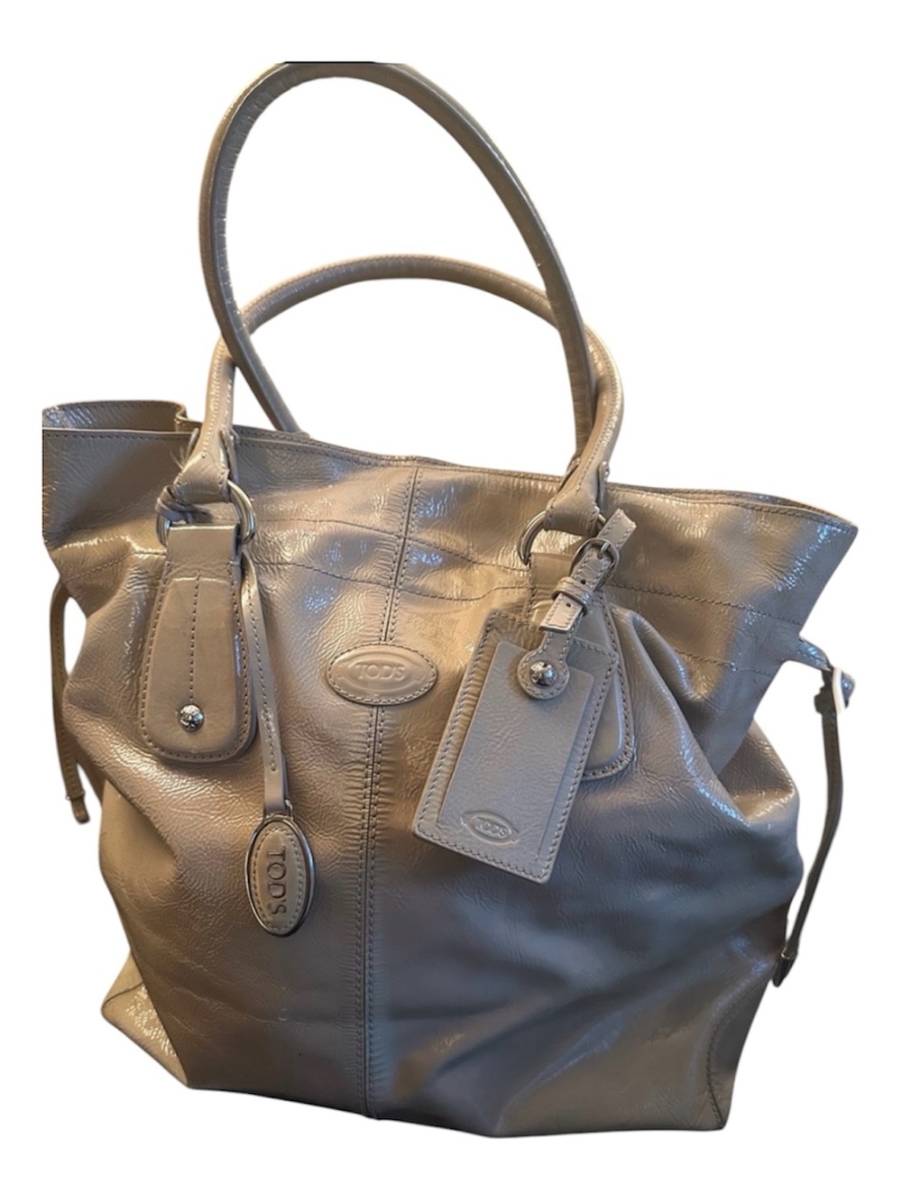 TOD’S PATENT LEATHER TOTE BAG TAUPE DRAWSTRING CLOSURE SHOULDER BAG
